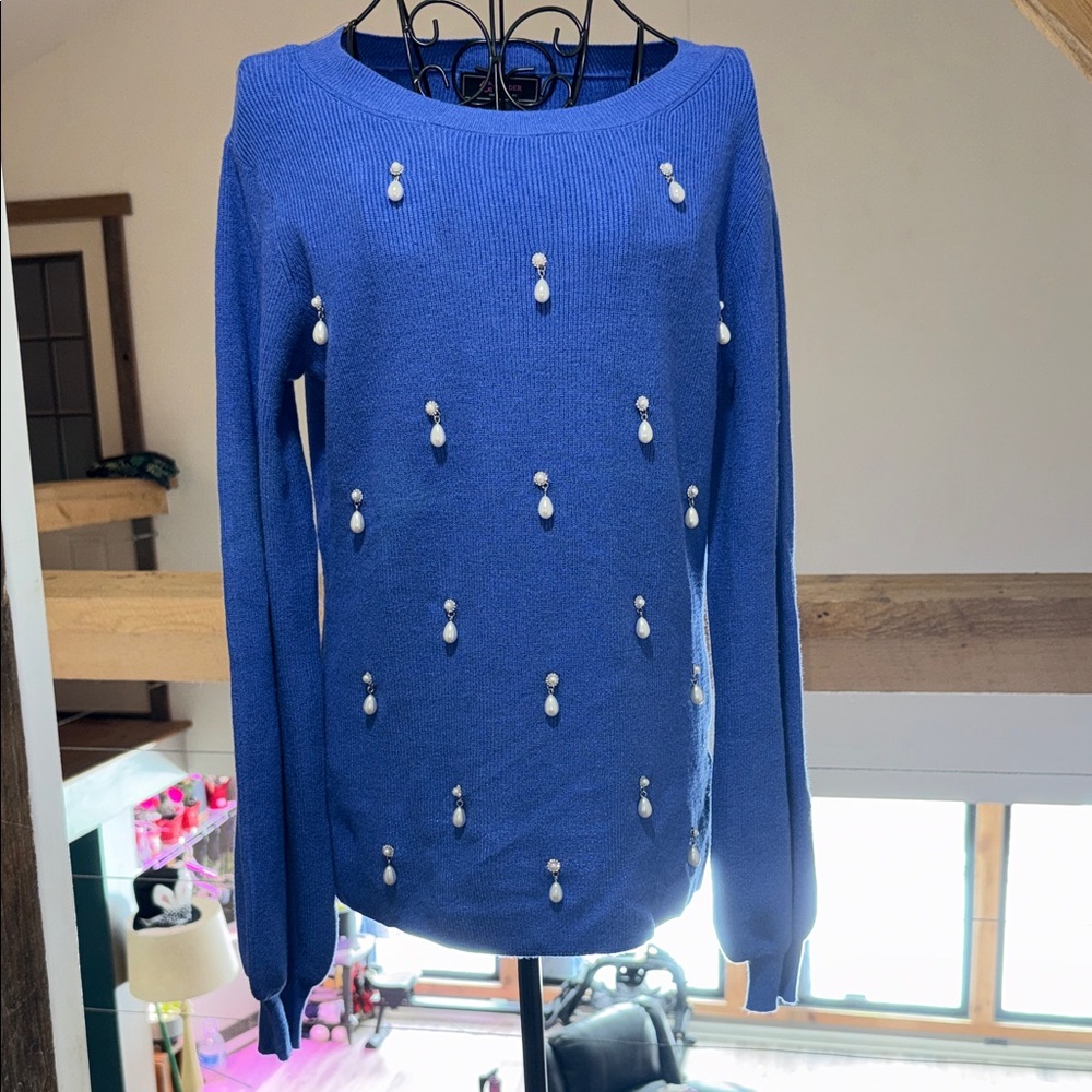 Christian Siriano Blue Sweater with Pearl Accents
